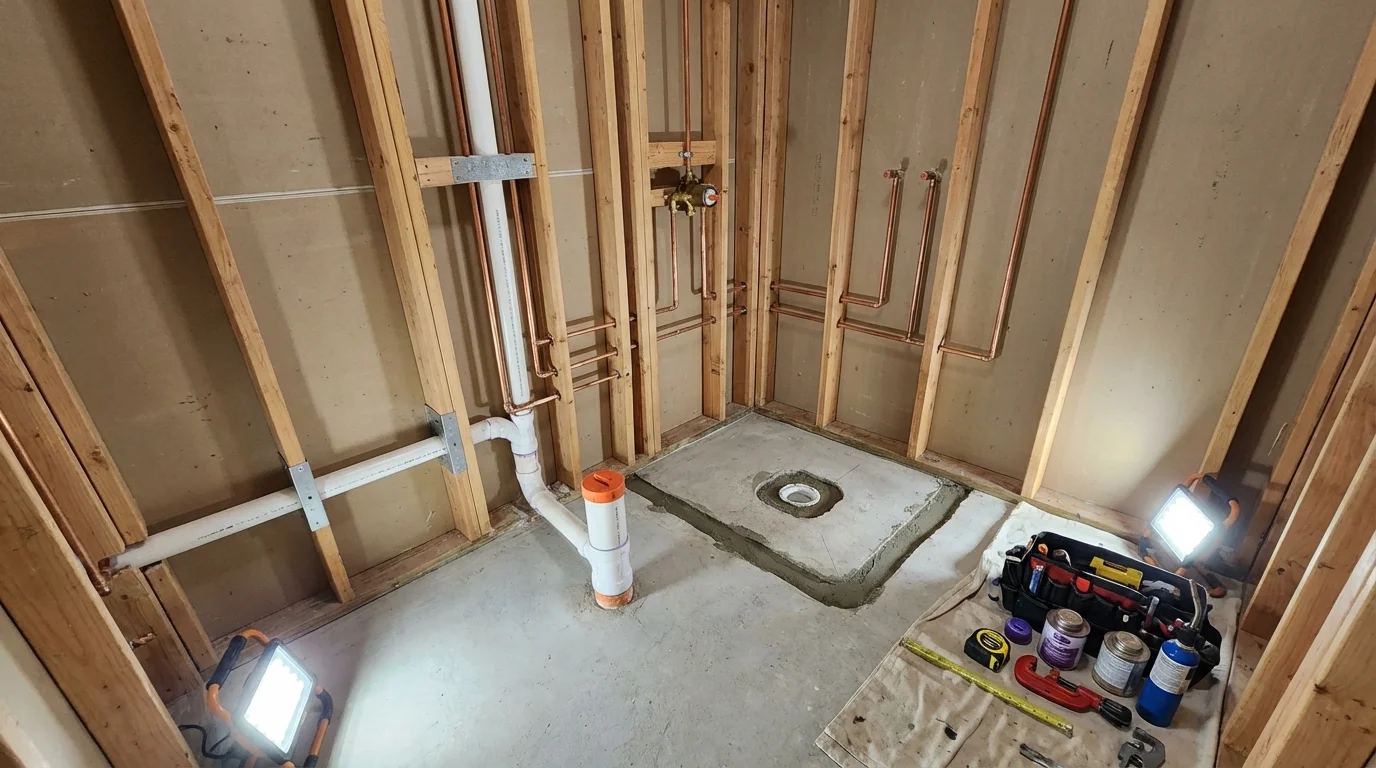 Bathroom rough-in plumbing during remodel by Johns Plumbing LLC in South Glens Falls