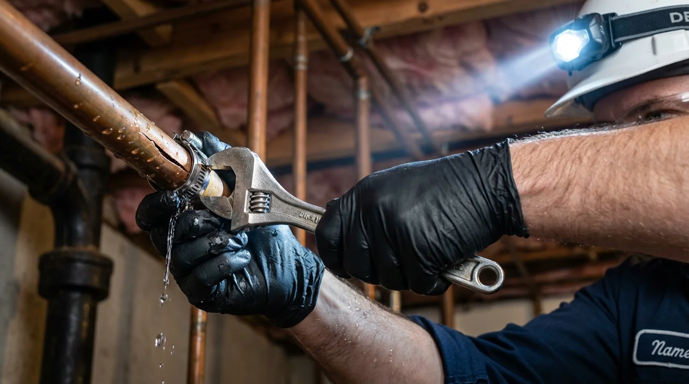 Emergency pipe clamp repair being performed by a Johns Plumbing LLC plumber in South Glens Falls