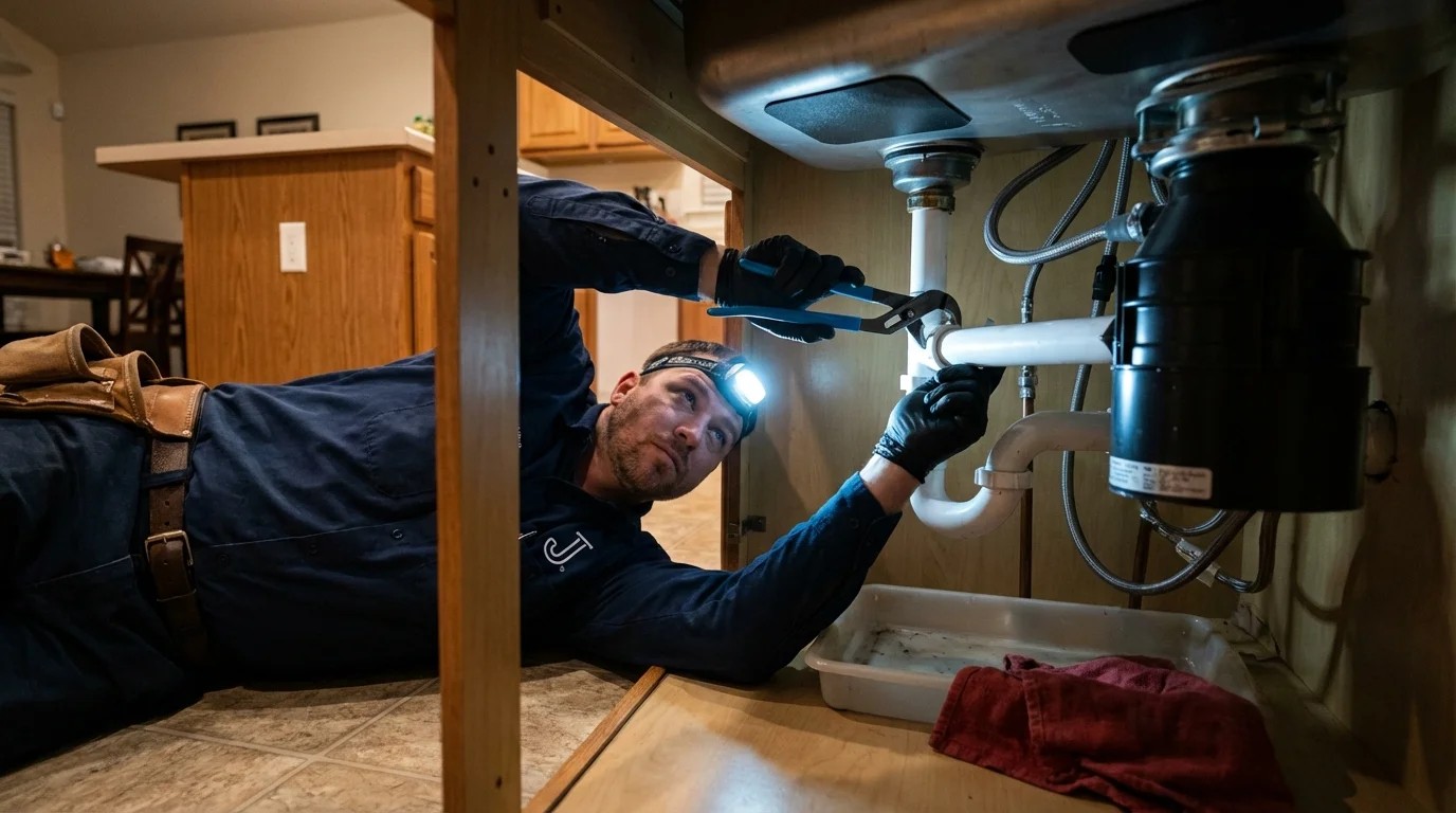 P-trap and supply line connections under a kitchen sink showing a common leak point in South Glens Falls, NY